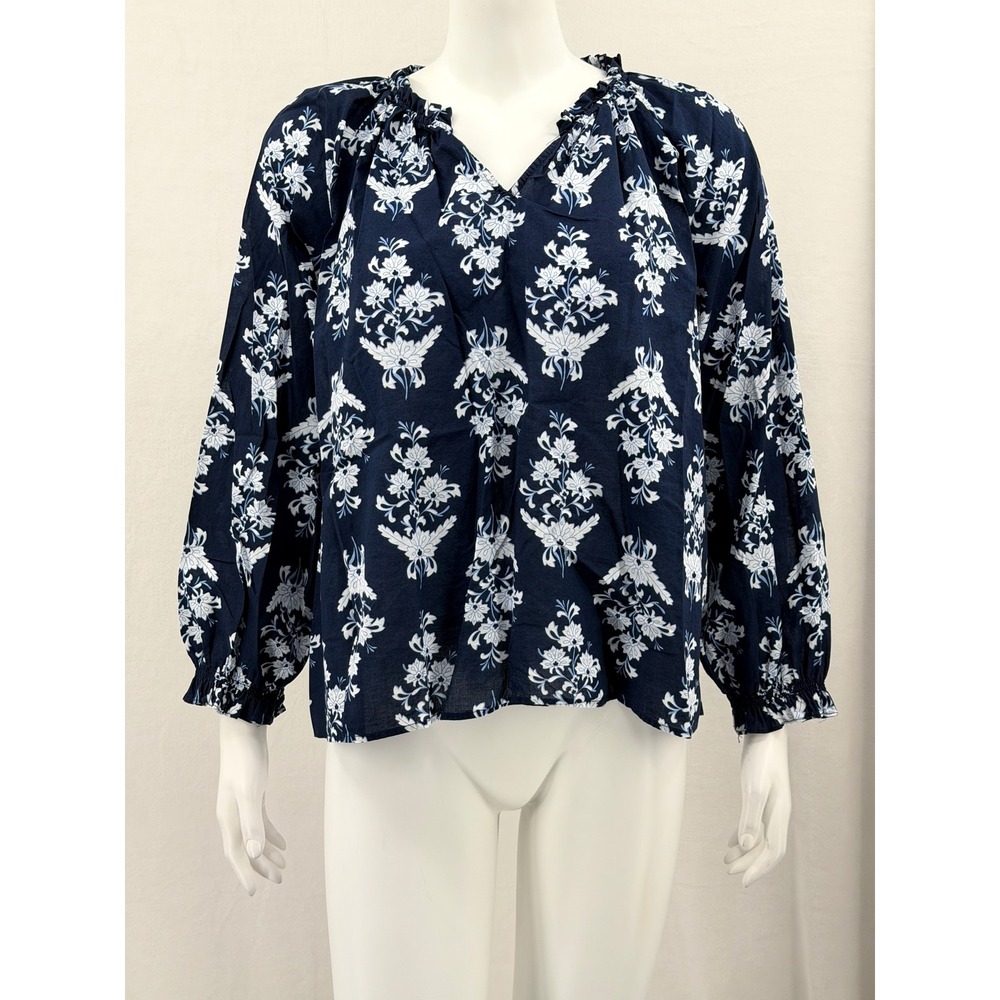 J Crew Top Women XXL Navy Floral Boho Peasant Prairie Cottage 100% Cotton Preppy